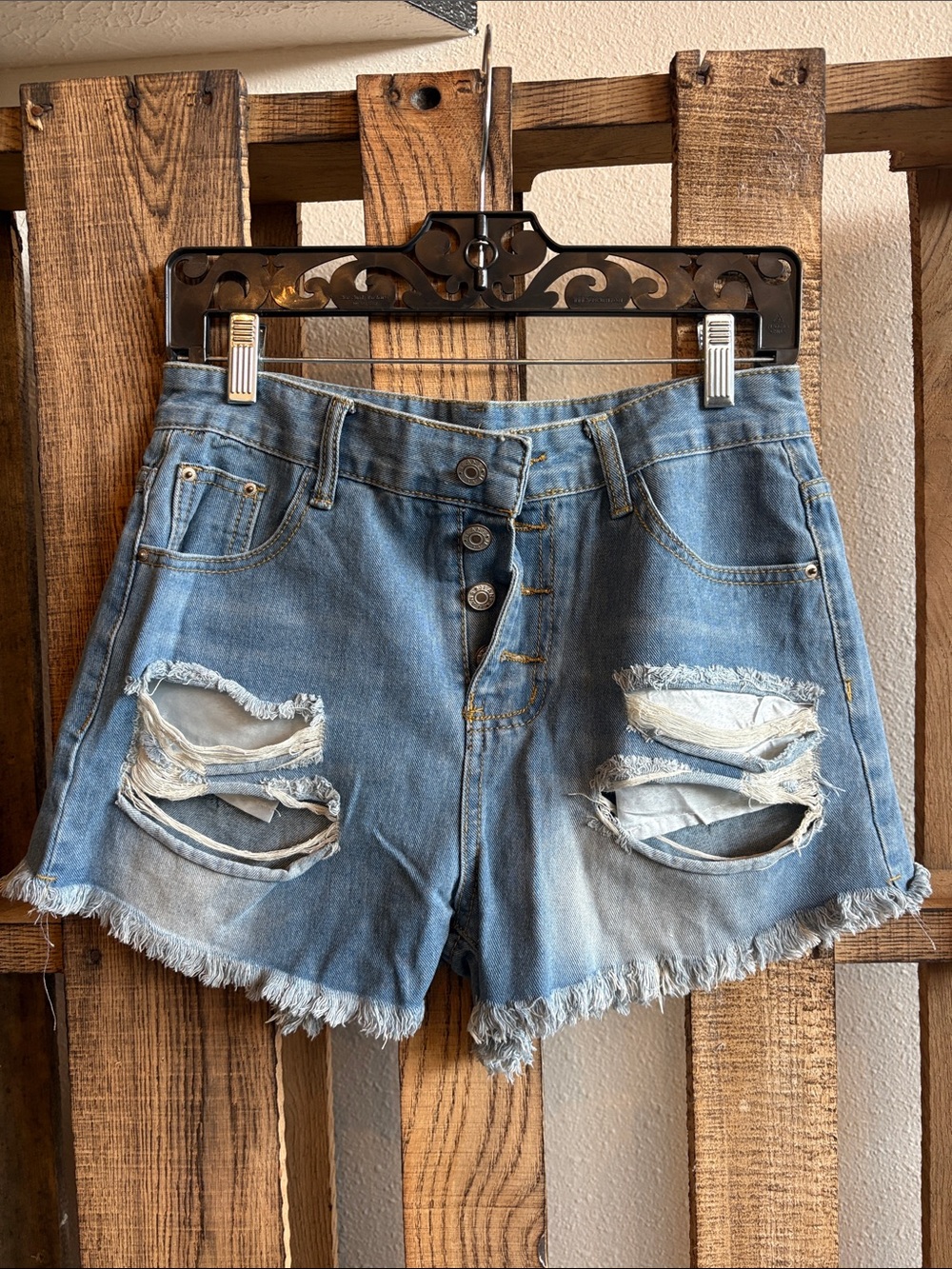 Distressed High-Waist Denim Shorts - Blue